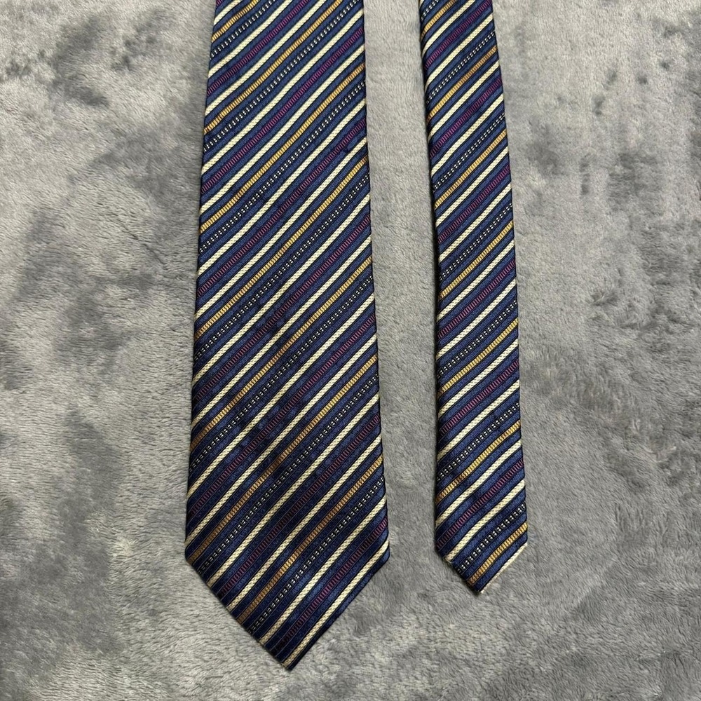 Daniel De Fasson Studio Mens Silk Tie Navy Gold Purple Striped Handmade Necktie